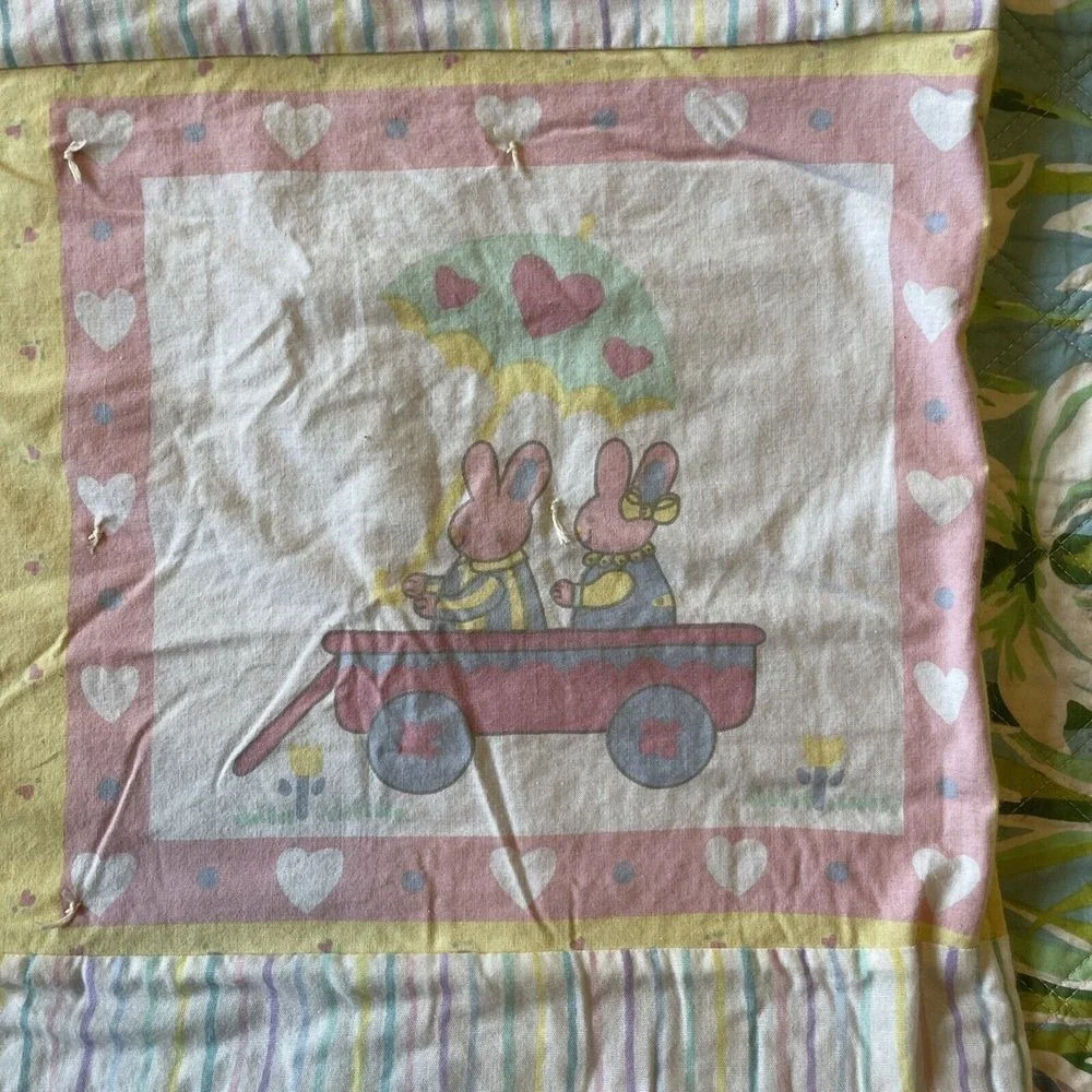 Vintage Carters Baby Blanket Bunny Cat Sheep Mouse‎ Quilt Pastel Spring Stripe